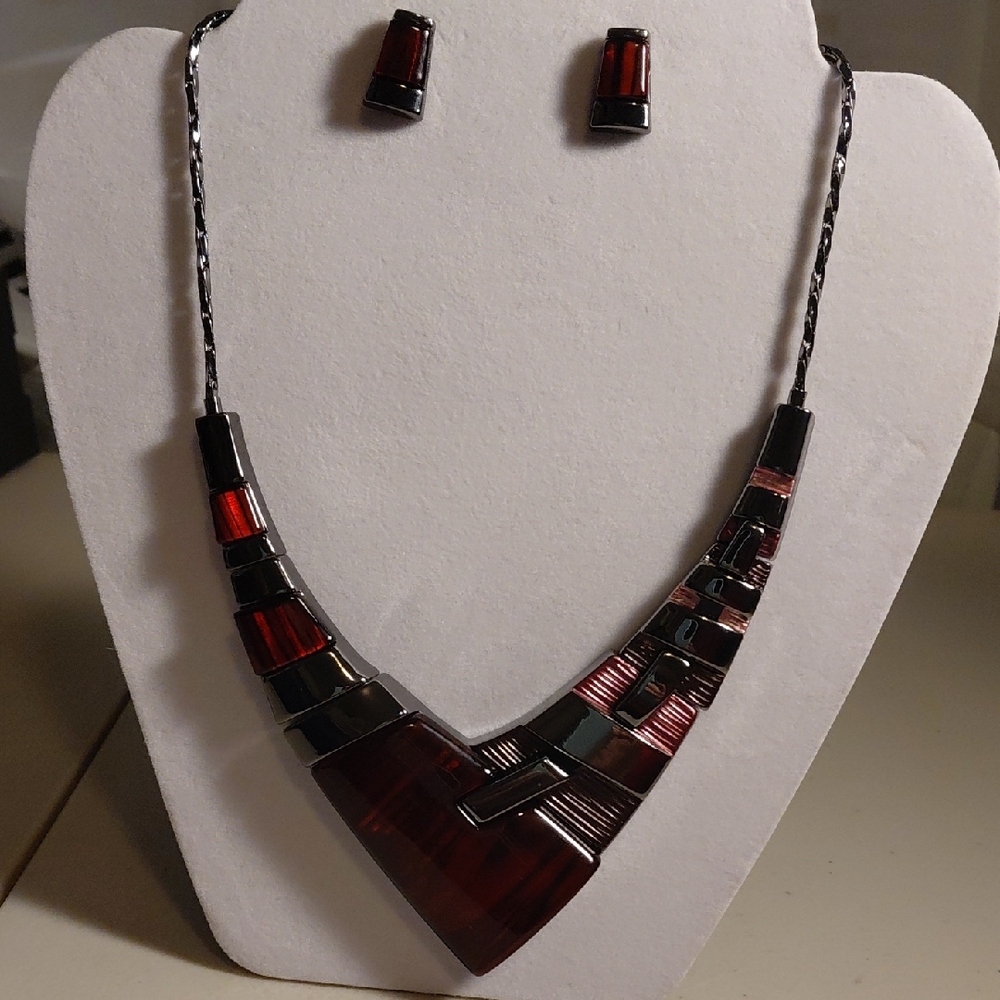 Elegant Red and Silver Necklace and Earring Set